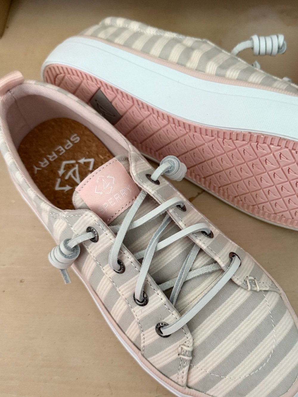 New (never worn) 

Sperry Women’s ' Pink and Cream Striped Slip-On Sneakers